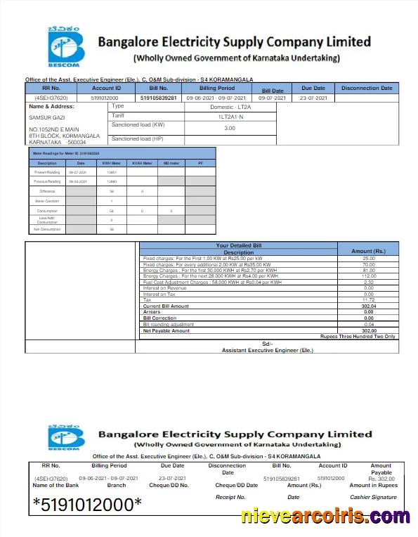INDIA BESCOM utility bill